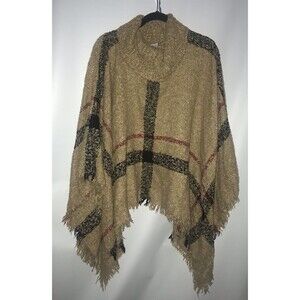 Grace & Lace Women's One Size Brown Poncho Red And Black Stripe Fringe Hem Cowl